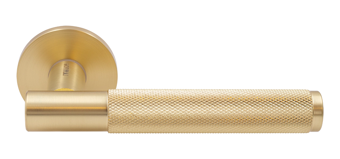 Ручка дверная AZRIELI MH-57-R6T MSG раздельная на круглой розетке, цвет матовый сатинированный золото, ЦАМ фото купить Минск