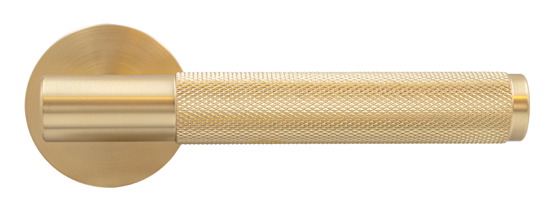 Ручка дверная AZRIELI MH-57-R6T MSG раздельная на круглой розетке, цвет матовый сатинированный золото, ЦАМ фото купить в Минске