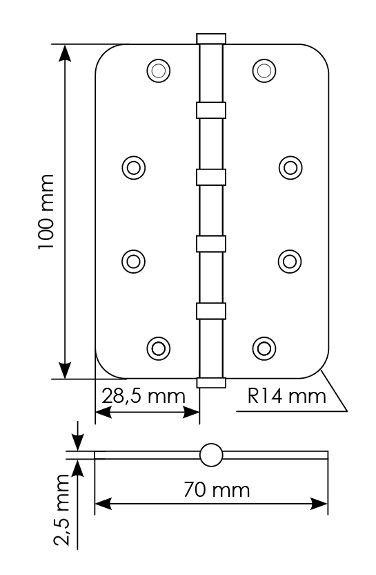 Петля стальная MSN-C 100X70X2.5-4BB SN скругленная универсальная с подшипником, вес полотна до 40 кг, цвет белый никель фото купить в Минске